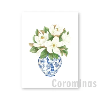 Balta Orchidėja & Magnolija Akvarelė Chinoiserie Dekoras Drobė Spausdinimo Rytų Vaza Sidabrinė Baltojo Gluosnio Stiliaus Porceliano Gėlių Jar