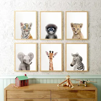 Bamblys Gyvūnų Sienos Meno Tigras, Liūtas, Plakatų ir grafikos Dramblys, Žirafa, Drobė, Tapyba, Vaikų Kambario Orangutan Zebra Nuotrauką