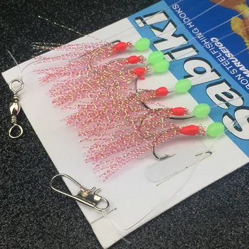 Bimoo 6pcs/set Spalvinga String Kabliukai Sabiki Įrenginys su 6 Fishhooks Jūros šviesos Žvejybos Masalas, Derinant Žvejybos Kabliukai #7-#15