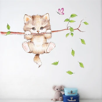 Cute kačių drugelis medžio šaką sienų lipdukai vaikams kambariai namų puošybai animacinių filmų gyvūnų sienos lipdukai 