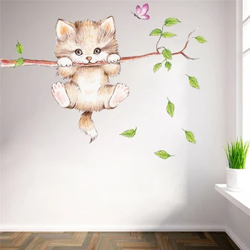 Cute kačių drugelis medžio šaką sienų lipdukai vaikams kambariai namų puošybai animacinių filmų gyvūnų sienos lipdukai 