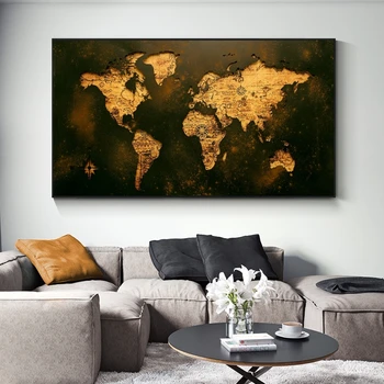 Derliaus Golden Pasaulio Žemėlapio Vaizdą Drobės Tapybos Dekoro Tapybos Aliejaus Tapybai Šiuolaikinio Sienos paveiksl Plakatas Svetainės Namo