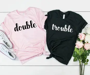 Double Trouble ie geriausias draugas Spausdinti Moterų marškinėlius Medvilnės Atsitiktinis Juokingi marškinėliai Dovanų 90s Lady Yong Mergina Lašas Laivas S-895