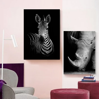 Dramblys Zebra Liūtas, Žirafa, Rhino Juoda Balta Gyvūnų Drobės Tapybos Menas Spausdinti Plakato Nuotrauką Sienos Šiaurės Apdaila