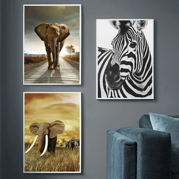 Dramblys Zebra Liūtas, Žirafa, Rhino Juoda Balta Gyvūnų Drobės Tapybos Menas Spausdinti Plakato Nuotrauką Sienos Šiaurės Apdaila