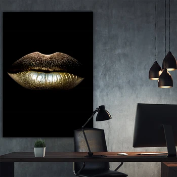 Drobė Šiaurės Tapybos Prints Gold Lūpų Gradientas Sexy Namų Dekoro Plakatai Sienos Meno Kūrinius Modernus Miegamojo Sistema Modulinė Nuotraukas