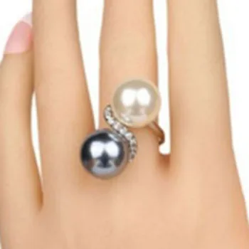 Dviejų Spalvų Imituojamas Pearl Žiedai Moterims Šviečia Cirkonio Platus Lydinio Juostos Pareiškimą, Žiedas, Papuošalų Mados