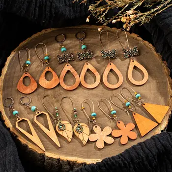 Etninės Boho Bohemijos Derliaus įvairių Tipų Medinių Tabaluoti Kabantys Auskarai Moterims, Moterų Lašas Ausies Ornamentu Vestuvių Papuošalai