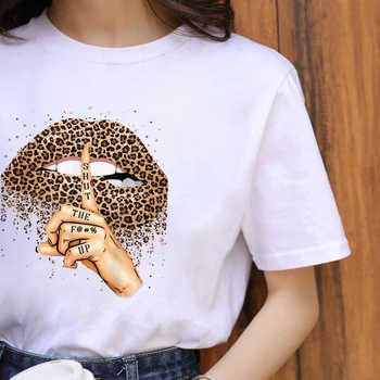 FIXSYS Moterų Leopard Lūpų trumpomis Rankovėmis Spausdinti Drabužius Ponios Vasarą Naujas Mados T-Shirt Juoda Viršūnes Moterų Atsitiktinis Marškinėliai