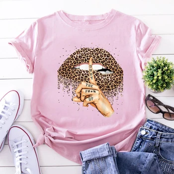 FIXSYS Moterų Leopard Lūpų trumpomis Rankovėmis Spausdinti Drabužius Ponios Vasarą Naujas Mados T-Shirt Juoda Viršūnes Moterų Atsitiktinis Marškinėliai
