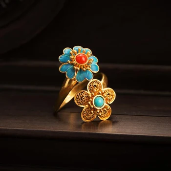 Gamtos pietų raudonas turmalinas gėlių atidaryti žiedas Kinijos retro stiliaus rūmai unikalus senovės aukso amatų prabangūs moteriški papuošalai
