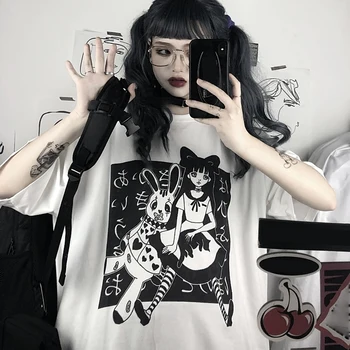 Harajuku Marškinėliai Moterims Estetinės Gothic Punk Animacinių filmų Spausdinti trumparankoviai O-Kaklo Viršuje Vasarą Moterys Marškinėlius Drabužius Moterų marškinėliai