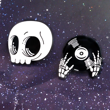 Helovinas Punk Animacinių filmų White Skull Juodos Skeletas Įrašyti Rankas DJ Pin Džinsinio audinio Marškinių Apykaklės Atvartas Smeigtukai Sagtis, Ženkliukai Goth Brooc