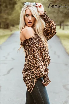 HIRGIN Naujausias Seksualus Moterų Off Peties Viršūnės Long Sleeve T Shirt Leopardas Spausdinti Tee