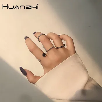 HUANZHI 2020 Naujas Hip-Hop 4 vnt/set Derliaus Minimalistinio Tuščiaviduriai Geometrinis Audimo Metalo Žiedas Moterų, Mergaičių, Šaliai, Papuošalai