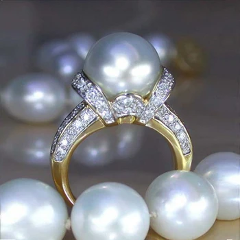 Huitan Elegantiškas Imitacija, Perlų, Aukso Spalvos Vestuviniai Žiedai Moterų Blizga CZ Romantišką Santuokos Ceremonijos Šalies Žiedas Mada Aksesuarai
