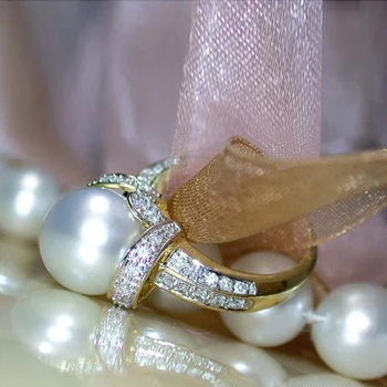 Huitan Elegantiškas Imitacija, Perlų, Aukso Spalvos Vestuviniai Žiedai Moterų Blizga CZ Romantišką Santuokos Ceremonijos Šalies Žiedas Mada Aksesuarai