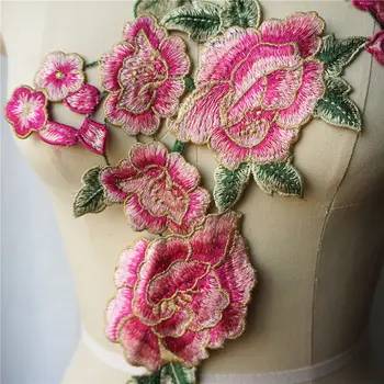 Išsiuvinėti Pink Peony Gėlių, Žalios Lapinės Nėrinių Audinio Apykakle Suknelė Appliques Siūti Pleistras Vestuvių Apdailos Suknelė 