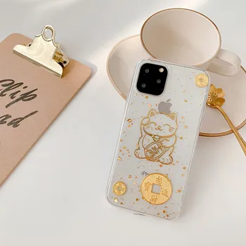 Japonijos kawaii Aukso Katė meno Telefono dėklas Skirtas Apple iPhone 12 11 Pro Max XR XS Max X 7 8 Plius 12 mini 7Plus atveju Mielas Minkštas viršelis
