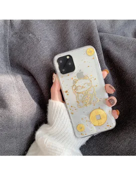 Japonijos kawaii Aukso Katė meno Telefono dėklas Skirtas Apple iPhone 12 11 Pro Max XR XS Max X 7 8 Plius 12 mini 7Plus atveju Mielas Minkštas viršelis