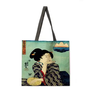 Japonų stiliaus ukiyoe spausdinti nešti maišą lininis audinys krepšys atsitiktinis sulankstomas pirkinių krepšys lauko paplūdimio krepšys kasdien rankinėje