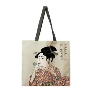 Japonų stiliaus ukiyoe spausdinti nešti maišą lininis audinys krepšys atsitiktinis sulankstomas pirkinių krepšys lauko paplūdimio krepšys kasdien rankinėje