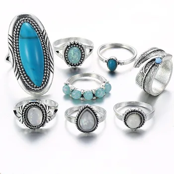 JQUEEN 8PCS/Set Derliaus Bohemijos Sidabro Spalvos Turquoises Karka Žiedų Rinkinys Moterims Geometrinis Opal Midi Žiedai