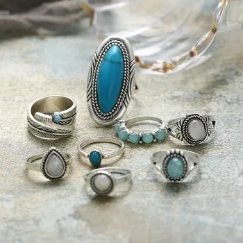 JQUEEN 8PCS/Set Derliaus Bohemijos Sidabro Spalvos Turquoises Karka Žiedų Rinkinys Moterims Geometrinis Opal Midi Žiedai