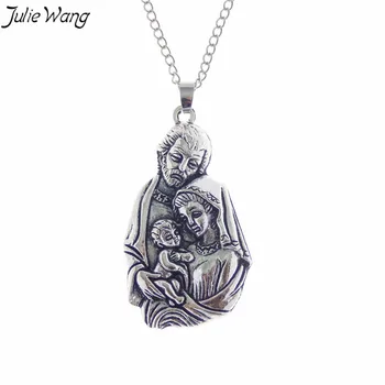 Julie Wang 1PC Antikvariniai Sidabro Spalvos Švenčiausios Mergelės Marijos Juozapą Kūdikio Jėzaus Pakabukas Karoliai Krikščionių Religinės Maldos Papuošalai