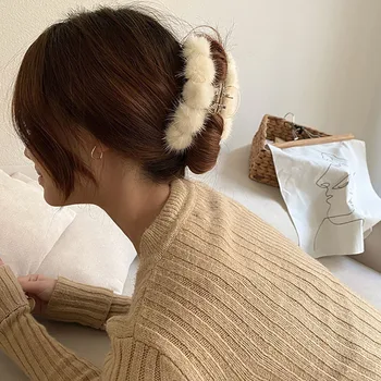 Kawaii Šiltas imitacija Audinės Kailio Krabų Plaukų Įrašą Moterų Plaukų Lankelis Turėtojas Elastinga 2021 Mados plaukų segtukai, Plaukų Aksesuarai Mergina