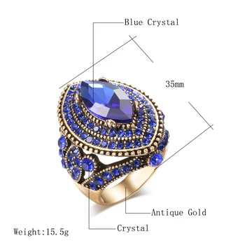Kinel 2020 Naujas Prabangus Senovinis Žiedas Moterims Derliaus Išvaizdą AAA Mėlyna Kristalų Boho Papuošalai, Aukso Spalvos Žavesio Etninės Vestuvių Žiedas
