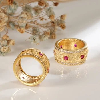 Kinel Naujų Mados Dubajaus Aukso Boho Žiedas dviejų eilių Micro-vaško Apdaila Gamtos Cirkonis Žiedai Moterų Vestuves Fine Jewelry