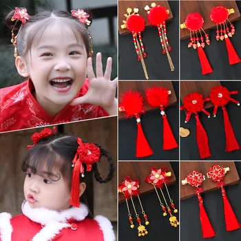 Kinija Klasikinis Kietas Kinų naujieji Metai Hanfu Vaikų Plaukų Įrašą Raudona Gėlė Sektoriaus Kutas Plaukų Klipai Mergina galvos Apdangalai