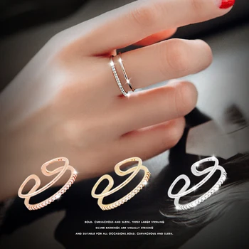 Korėjos Stiliaus Realaus Grynas 925 Sterlingas Sidabro Multi-layer Kristalų Žiedai Moterų Mados Vestuvinių Žiedų Reguliuojamas Žiedas