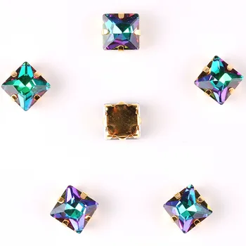 Kvadrato formos Aukso letena parametrai 50pcs/Pak vaivorykštė & Želė AB spalvos stiklo Kristalų 8mm Siūti kalnų krištolas Kristalų aplikacijos 