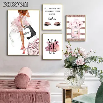 Kvepalų Mados Plakatas Blakstienų, Lūpų Makiažas Spausdinti Drobė Meno Tapybos Pink Gėlių Sienos Nuotrauka Šiuolaikinės Mergina Kambaryje Namų Puošybai
