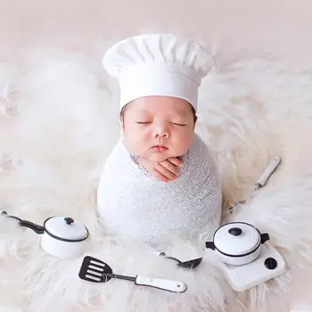 Kūdikių Fotografija Rekvizitai Little Chef Hat, White Stretch Wrap Mažai Cook Kūrybinės Rekvizitai Naujagimiai, Fotografijos Reikmenys R9JD