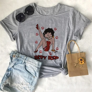 Mados 2020 moteriški marškinėliai Vasaros Atsitiktinis Harajuku Betty BOOP Marškinėlius Derliaus Estetinės Spausdinti Viršūnės Pilkos spalvos 