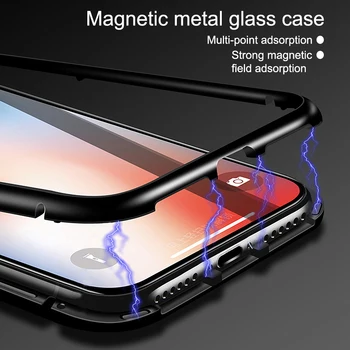 Mados 360 Magnetinio Adsorbcijos Metalo, atsparus smūgiams Grūdintas Stiklas Case For iPhone 6 6S 7 8 Plus X XR XS Max Magneto Dangtelis