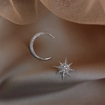 Mados korėjos Jewelley Asimetrija 925 Sterling Silver Crystal Moon Star Pareiškimą Stud Auskarai Moterims Pendientes eh022