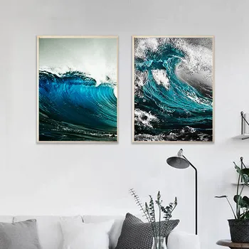 Mados Namų Sea View Dekoratyvinis Sienų Dažymas Tamsiai Mėlyna Susukti Bangos Šiaurės Šalių Fotografijos Pritaikoma Drobės Plakatas
