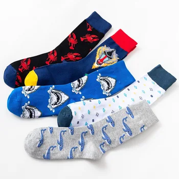 Mados šukuotos medvilnės vyriškos kojinės Harajuku spalvinga laimingas, juokingi žuvis ilgai dalyje, šilta suknelė, kojinės vyriškos Kalėdų dovana kojinės