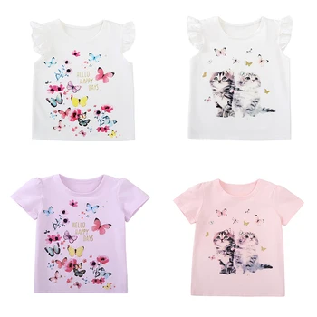 Medvilnės Baby Bamblys Viršūnes Vaikų Vasaros Trumpas Rankovės Marškinėliai Mergaitėms, Vaikų Drabužiai Princesė Spausdinti Gyvūnų Katė Drugelis T-Shirt