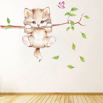 Mielas Kačiukas ant Medžio Šakos Sienų Lipdukai Namų Kambarį Dekoracijos 