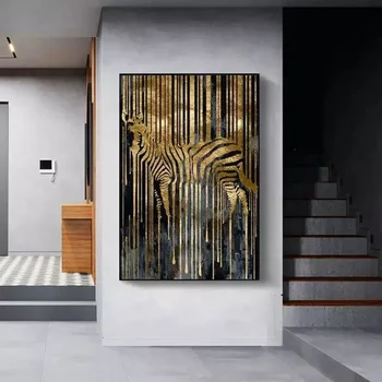 Modernaus Stiliaus Abstraktus Aukso Folija Arklių Zebra Gyvūnų, Drobė, Tapyba, Plakatas Ir Spausdina Sienos Nuotraukas Gyvenimo Kambario Dekoro