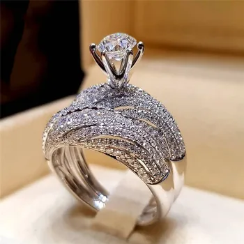 Modyle Elegantiškas Cirkonis Žiedas Juvelyriniai Sidabro Spalvos Sužadėtuvių, Vestuvių Žiedas Rinkinys Moterims