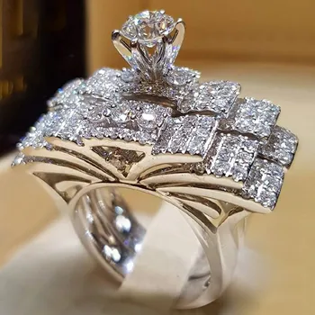 Modyle Elegantiškas Cirkonis Žiedas Juvelyriniai Sidabro Spalvos Sužadėtuvių, Vestuvių Žiedas Rinkinys Moterims