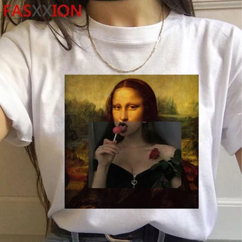 Mona Lisa Estetinės Juokingas Animacinių filmų Marškinėliai Moterims Grunge Derliaus 90s T-shirt Grafikos Mados Marškinėlius Streetwear Naujas Top Tees Moteris