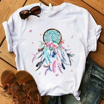 Moteriški marškinėliai Moterims Vasaros Gėlių Auskarai T-shirt Dreamcatcher T-shirt Harajuku Streetwear Trumpas Rankovės O-Kaklo Viršūnes Tees