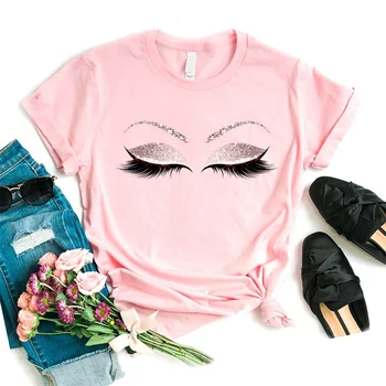 Moterų Blakstienų Rožinė Meno marškinėliai Mergina Camiseta Maquillaje Koszulki Makiažas Hipster Grafinis Marškinėlius Moterų Tumblr T-shirt,Lašas Laivas